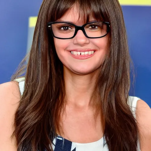 Prompt: 4 5 year old french and swedish woman, brown hair with bangs, wide nose, round head, looks like selena gomez and candace cameron, smiling but has a temper, very nerdy music teacher with phd, wears oprah glasses, from wheaton illinois