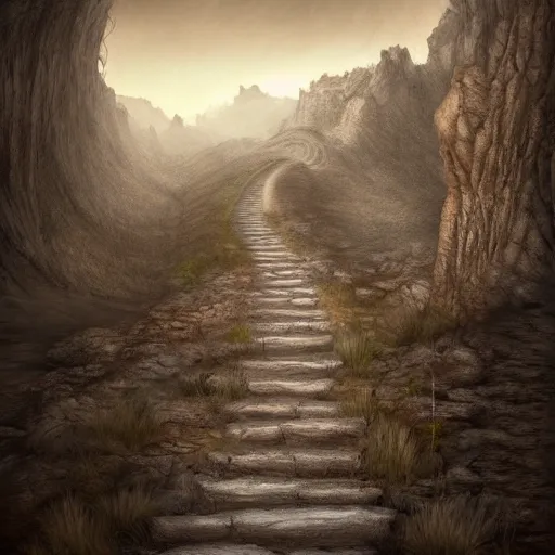 Prompt: a long winding pathway with deep cliffs on all sides, dark rocks, dusty, sepia tones, with a mysterious dark castle at the of the path, digital art, 8 k, concept art, trending on artstation