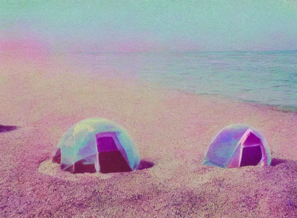 Prompt: a pastel coloured vintage family holiday photo of an empty beach from an alien dreamstate world with chalky pink iridescent!! sand, reflective lavender ocean water, dim bioluminescent plant life and an igloo shaped shiny plastic transparent festival tent. glare. refraction, volumetric light.