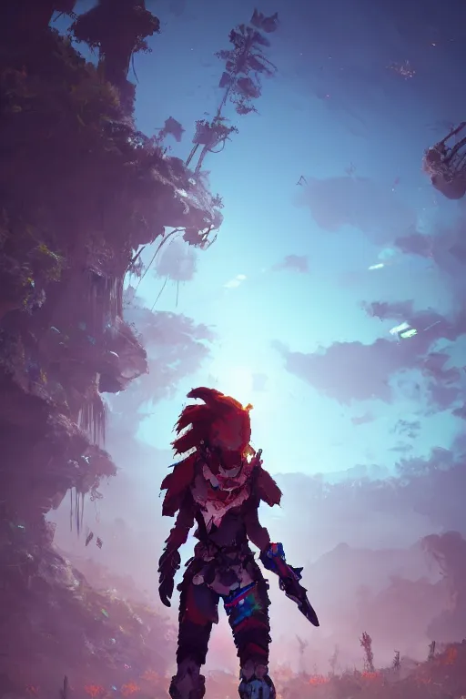 Image similar to combination suit armor aloy horizon forbidden west horizon zero dawn radiating a glowing aura global illumination ray tracing hdr fanart arstation by ian pesty and alena aenami artworks in 4 k tribal robot ninja mask helmet backpack