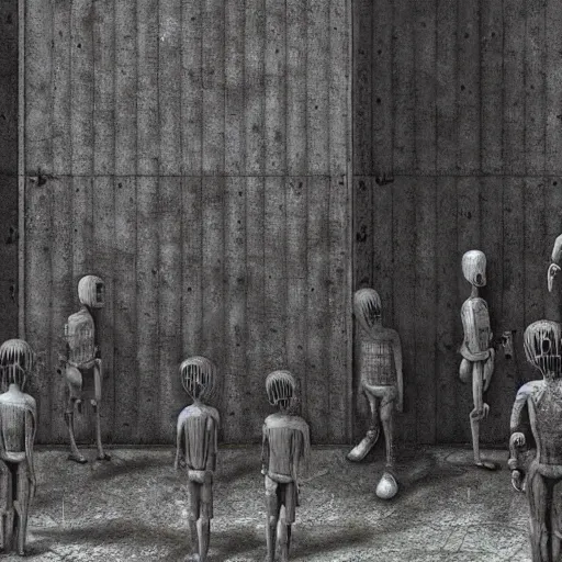 Image similar to humanoid robot prisoners in a dystopian prison yard, guards watching them, highly detailed beksinski art