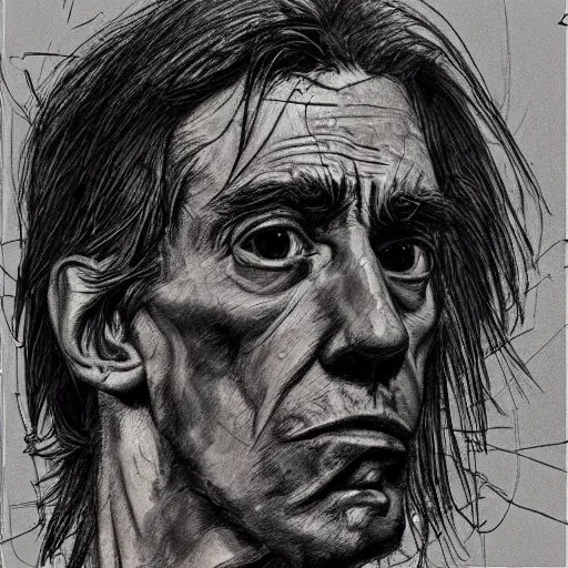 Prompt: a realistic yet scraggly portrait sketch of the side profile of a stern and sophisticated iggy pop, trending on artstation, intricate details, in the style of frank auerbach, in the style of sergio aragones, in the style of martin ansin, in the style of david aja, in the style of mattias adolfsson