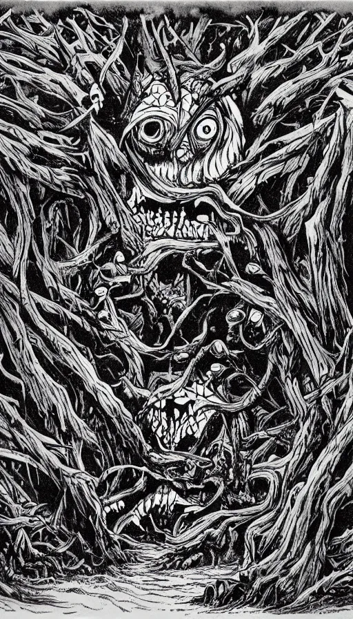 Image similar to a storm vortex made of many demonic eyes and teeth over a forest, by ed roth