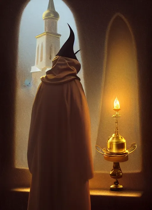 Image similar to surrealistic portrait of cute fluffy anthropomorphic caracal as orthodox priest in golden clothes, caracal head, wearing vr, in orthodox church at background, dynamic lighting, darkness, ambients, dramatic, foggy, heavy bokeh and blur, cinematic, depth of field, art by bussiere rutkowski andreas rocha