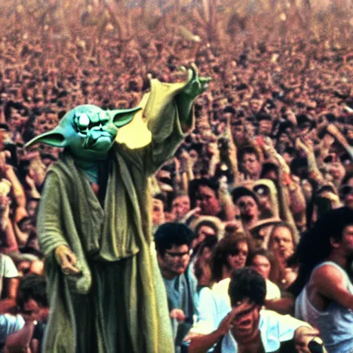 Prompt: Yoda Performing at Woodstock 99 with Rage Against the Machine photo 8k