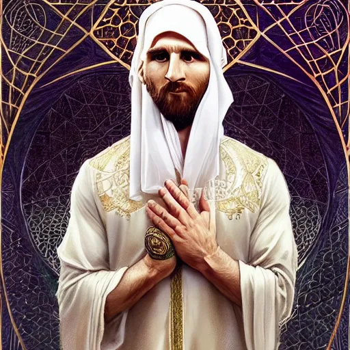 Prompt: lionel messi wearing islamic clothes, doing sujood, d & d, fantasy, intricate, elegant, highly detailed, digital painting, artstation, concept art, matte, sharp focus, illustration, art by artgerm and greg rutkowski and alphonse mucha