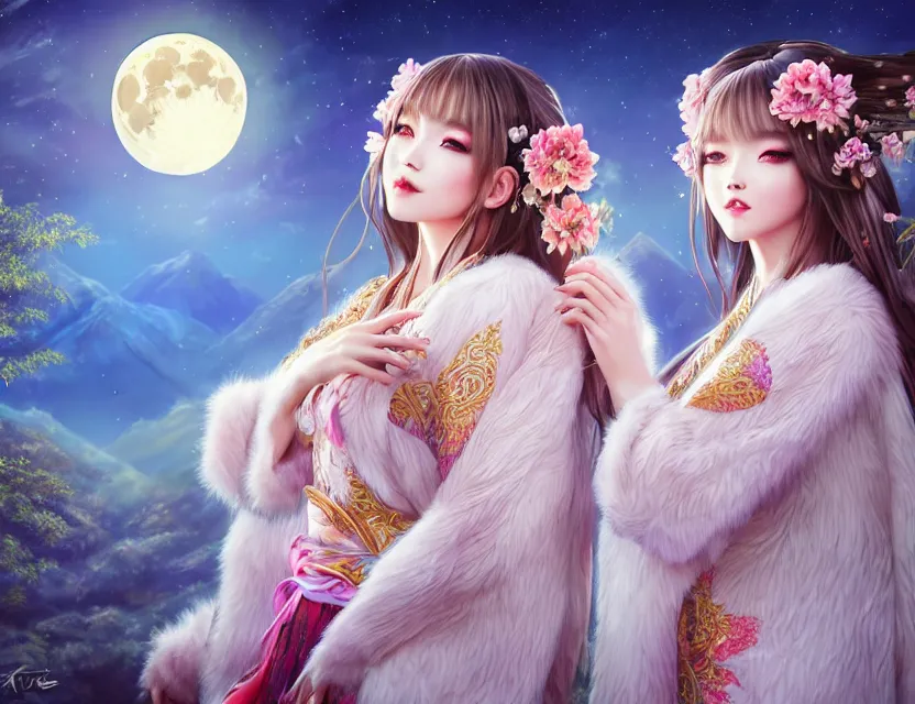 Image similar to two beautiful alluring siberian girls wear fantasy kimono in festival | | sunny night, full moon, dreamlike art, realistic shaded, smile, good looking, hyper details, 4 k realistic, cryengine, realistic shaded lighting poster by artgerm, ross tran, fuji choko, 8 k resolution, trending on artstation, luxury