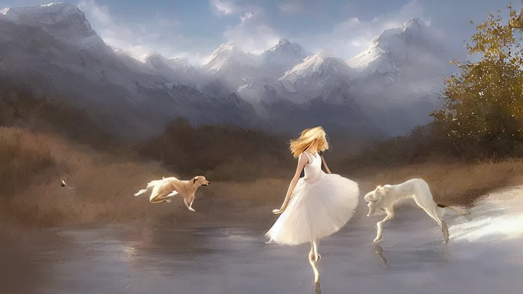 Image similar to “ ballet girl dance with a white golden retriever besides a red cottage, mountains in the background, soft lighting, by charlie bowater, by greg rutkowski ”