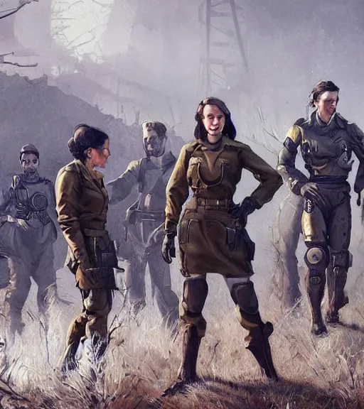 Prompt: fallout 5, concept art brunette female enclave officer leading a squad portrait, concept art, outdoors industrial setting, spring time, slight overcast, atmospheric lighting, painted, intricate, volumetric lighting, beautiful, sharp focus, golden hour, ultra detailed by leesha hannigan, ross tran, thierry doizon, kai carpenter, ignacio fernandez rios