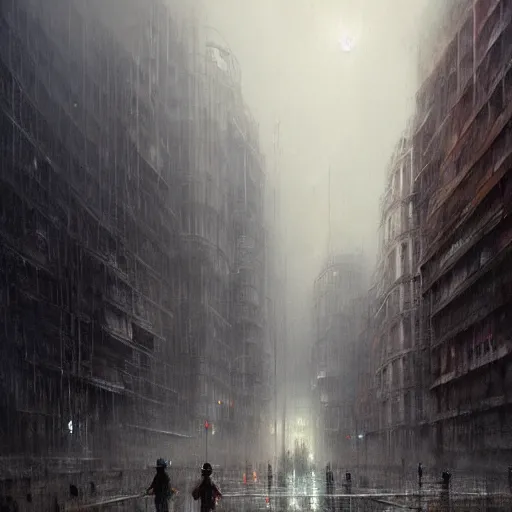 Prompt: An empty city, moss, smoke, rain, by greg rutkowski