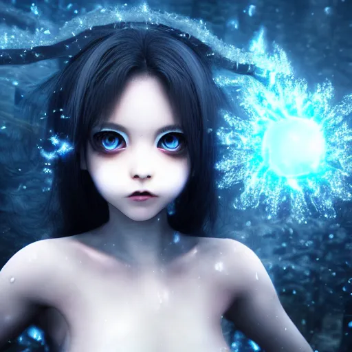 Image similar to photorealistic full body shot of masterpiece angry darkness android anime girl, beautifull lovely eyes, electric aura with particles, snowing frozen ice, darkness background, inspired by tim burton, detailed, unreal engine 4 k, volumetric light, fog