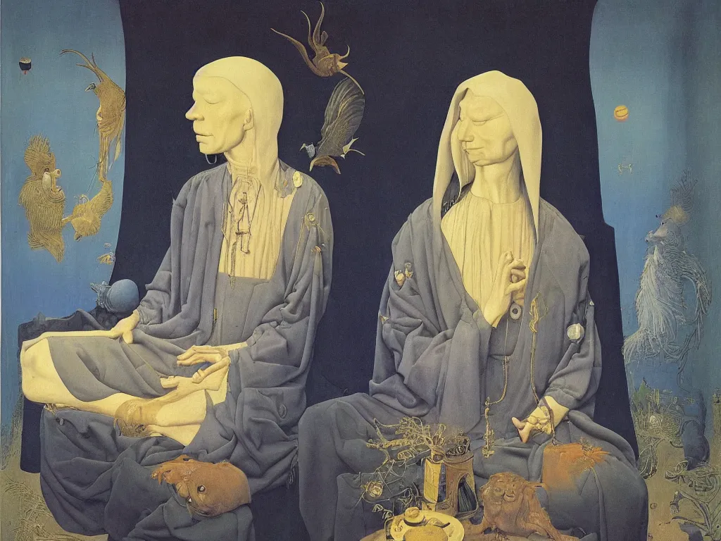 Image similar to Portrait of albino mystic with blue eyes, sitting in Zen meditation. Painting by Jan van Eyck, Audubon, Rene Magritte, Agnes Pelton, Max Ernst, Walton Ford