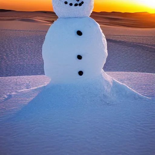 Image similar to there is a snowman made of snow in the desert, he is building a snowman from sand, golden hour, beautiful photography