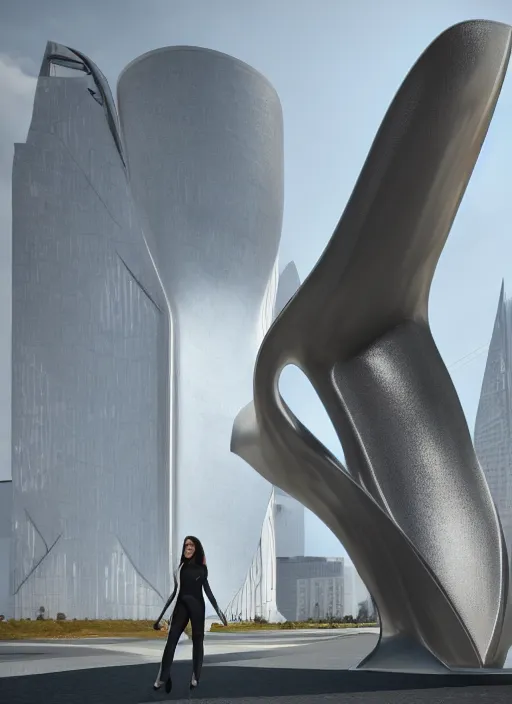 Prompt: highly detailed realistic architecture 3 d render of a metallic stele monument in zaha hadid style standing on a side of a road, archdaily, made in unreal engine 4 octane render