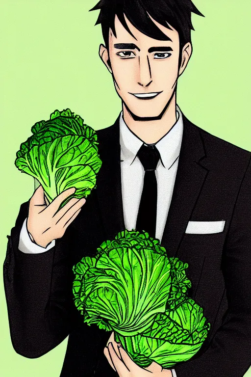 Image similar to man with suit and tie, with a cabbage for a face, symmetrical, highly detailed, digital art, sharp focus, trending on art station, anime art style