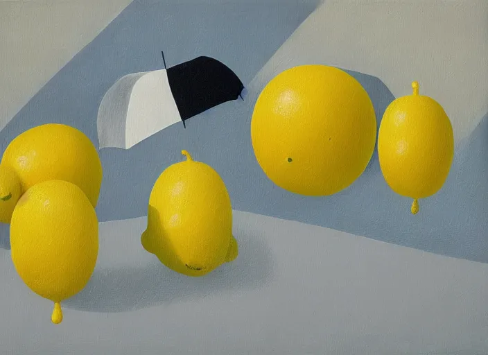 Image similar to abstract composition with lemons and umbrellas, oil on canvas, in the style of Rene Magritte,