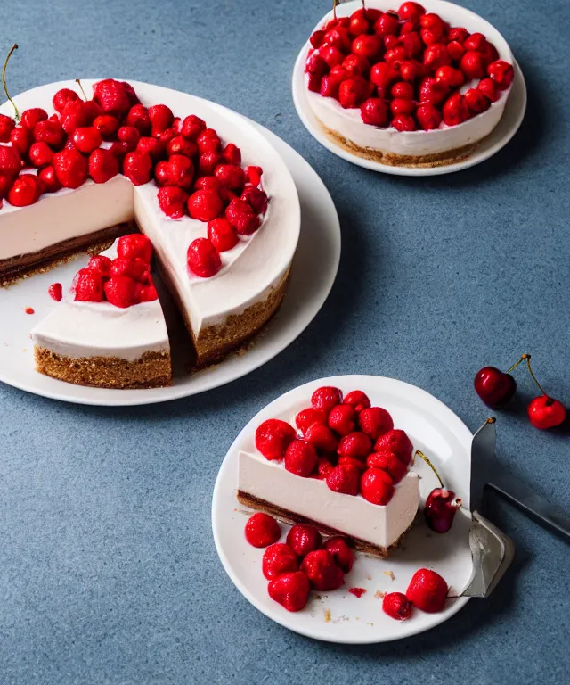 Prompt: high quality presentation photo of stawberry and cherry cheesecake, photography 4k f1.8 anamorphic bokeh 4k Canon Nikon