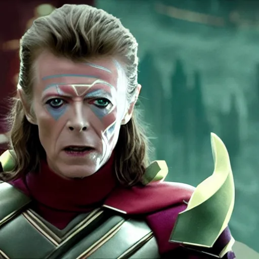 Prompt: film still of David Bowie as Loki in Thor, 4k