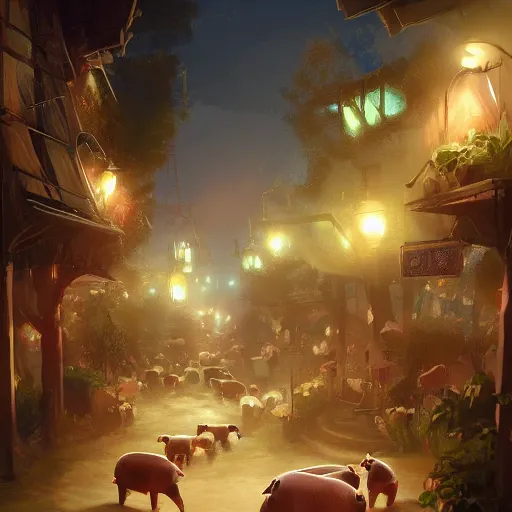 Image similar to this place is truly beautiful and the atmosphere is buzzing the town lights are glowing particularly brightly tonight all these pigs look beautiful, trending on artstation,