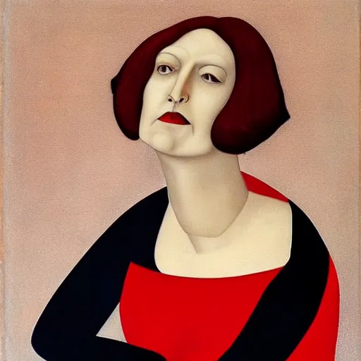 Image similar to a middle aged woman in a red dress, by christian schad