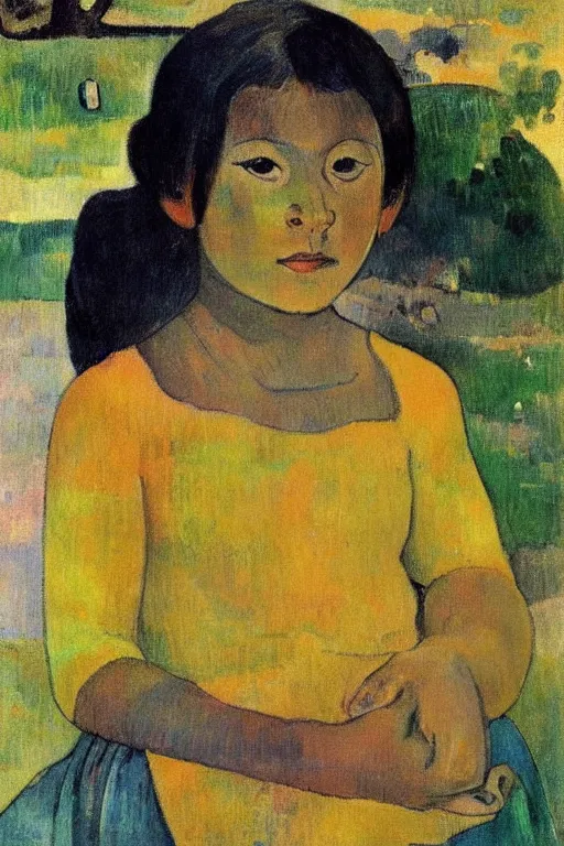 Image similar to “ cute mango girl portrait drawn by paul gauguin ”