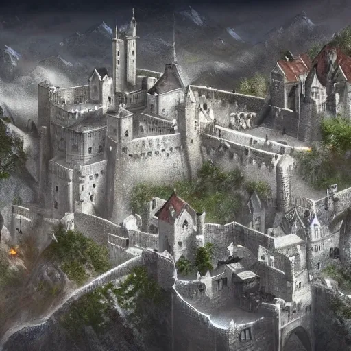 Prompt: Medieval fantasy walled city made of shining white material on top of a steep mountain overseeing small towns, very detailed, very sharp, award winning picture, digital art, artstation, masterpiece