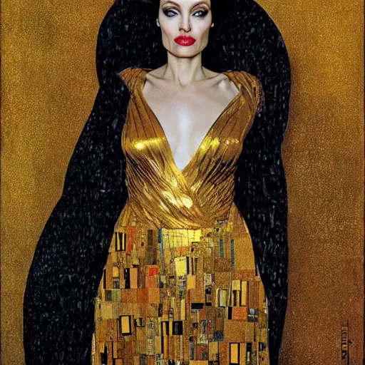 Image similar to an amazing award winning photo of angelina jolie as of adele bloch - bauer by gustav klimt