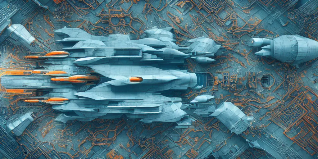 Image similar to cinematic still of hyper detailed realistic highly technical greeble hard surface modelled afro futurist spaceport designed by frank lloyd wright architect, surreal flying aircraft, deep perspective, wide angle, insanely detailed and intricate, teal gold and orange color scheme,