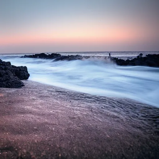 Prompt: waves crashing on a beach at night, moon, lava rock, small house