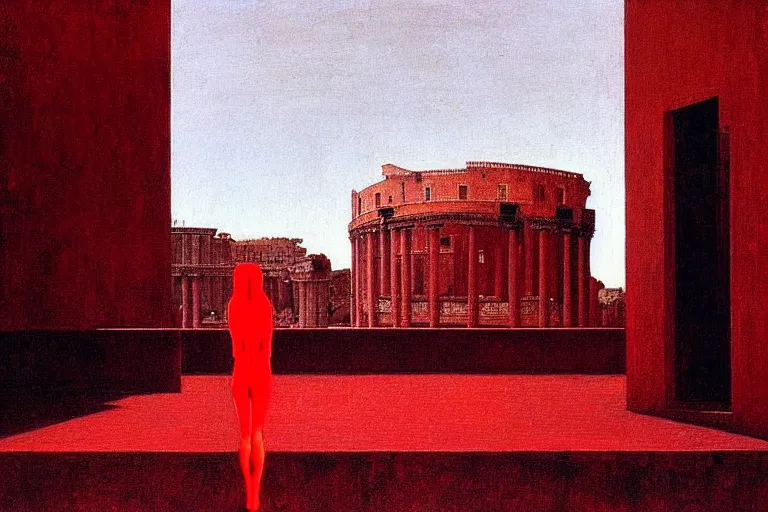 Image similar to only with red, caesar after war, a red tiger, in hoc signo vinces, rome in background, an ancient path, in the style of beksinski, part by hopper, part by rodcenko, part by hofbauer, intricate composition, red by caravaggio, insanely quality, highly detailed, masterpiece, red light, artstation