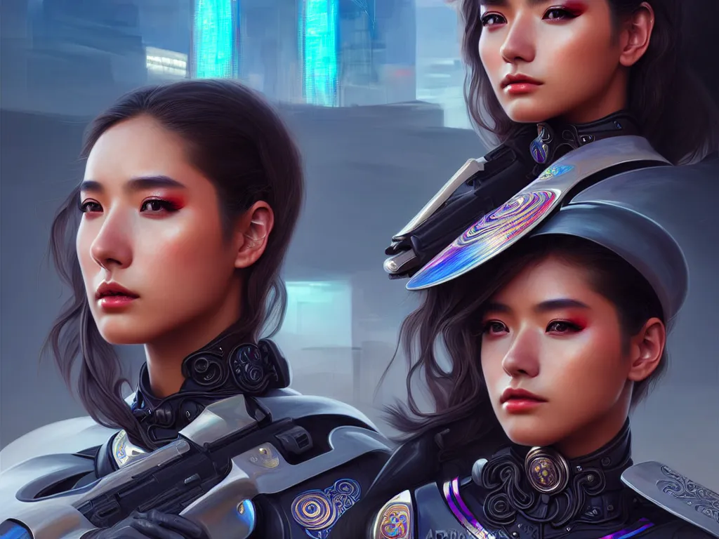 Prompt: portrait futuristic mexico police uniform girl, at future neon light rooftop, ssci - fi and fantasy, intricate and very very beautiful and elegant, highly detailed, digital painting, artstation, concept art, smooth and sharp focus, illustration, art by tan zi and ayanamikodon and alphonse mucha and wlop
