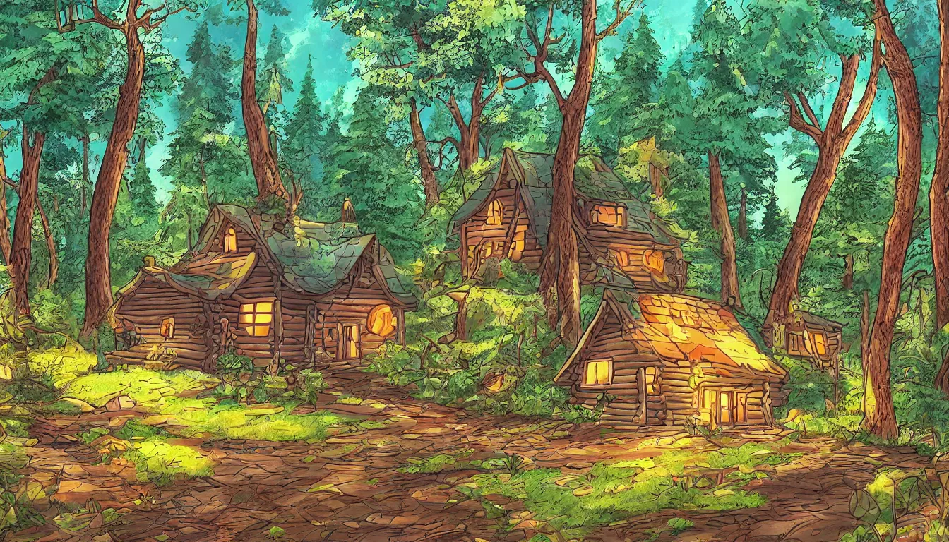 Image similar to a clearing in a forest with a cabin, Disney cartoon, animation, high detail, colorful