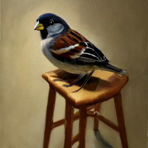 Image similar to an oil paiting of a sparrow perched on a chair, highly detailed, oleo, artstation, sharp focus, by diego velazquez