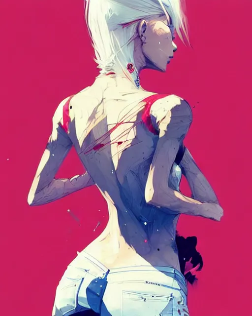 Image similar to a ultradetailed beautiful back painting of a stylish woman with white hair in a short pony tail, she is wearing jeans, by conrad roset, greg rutkowski and makoto shinkai trending on artstation