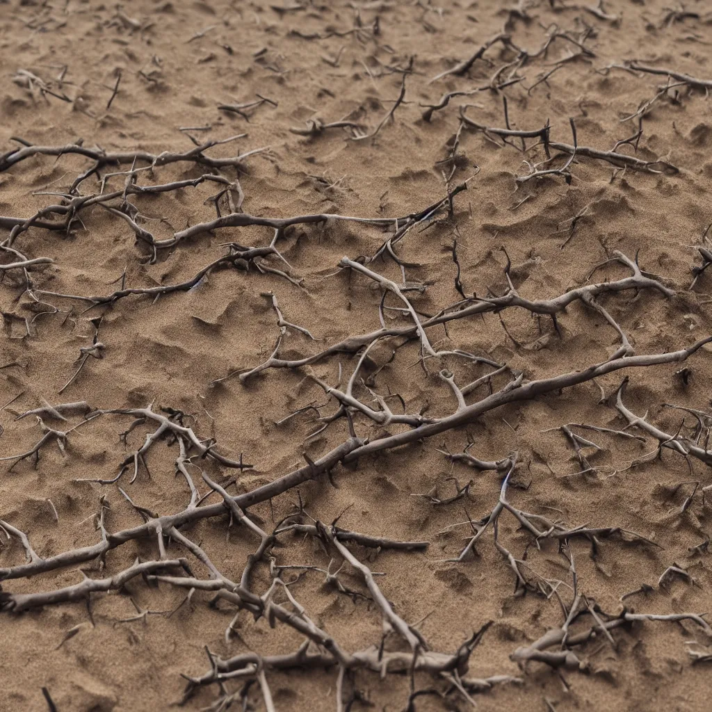 Prompt: dry and dead branch in a forest of sand and coal, dust, wind, dirt, advertising photography