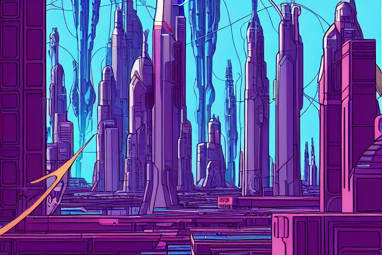 Prompt: a scifi illustration, Galactic City on Coruscant. flat colors, limited palette in FANTASTIC PLANET La planète sauvage animation by René Laloux