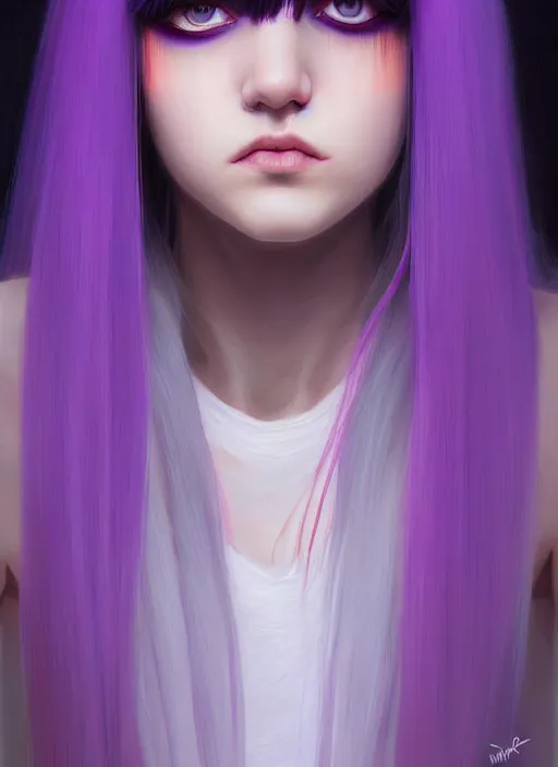 Image similar to hair whitebangs hair, black hair, whitebangs, portrait of teenage girl with white bangs, red irises, purple clothes, white bangs, bangs are different color from hair, intricate, elegant, glowing lights, highly detailed, digital painting, artstation, concept art, smooth, sharp focus, illustration, art by wlop, mars ravelo and greg rutkowski