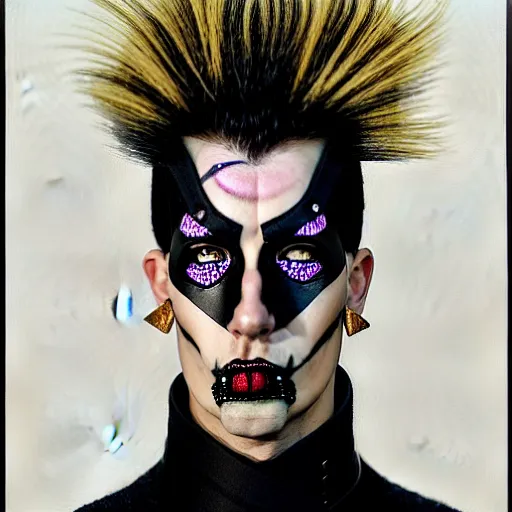 Image similar to an award finning and amazing portrait by akseli kallen gallela and john howe of a male cyberpunk punk rocker clothed in excessively fashionable 8 0 s haute couture fashion and wearing geometric face paint