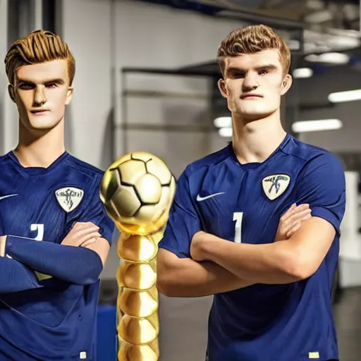 Image similar to a realistic detailed photo of a guy who is an attractive humanoid who is half robot and half humanoid, who is a male android, soccer players martin ødegaard & timo werner, shiny skin, posing like a statue, blank stare, in a factory, on display, showing off his muscles, gold soccer shorts, side view, looking at each other mindlessly