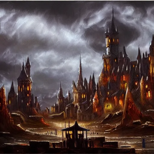 Image similar to stark oil painting medieval fantasy cityscape, foreboding, detailed, castle, stormy skies