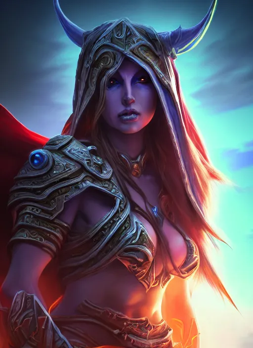 Image similar to hyperrealist digital art of sylvanas windrunner on a blue planet. by bayard wu, fantasy art, photo realistic, dynamic lighting, trending on artstation, poster, volumetric lighting, very detailed faces, 4 k, award winning