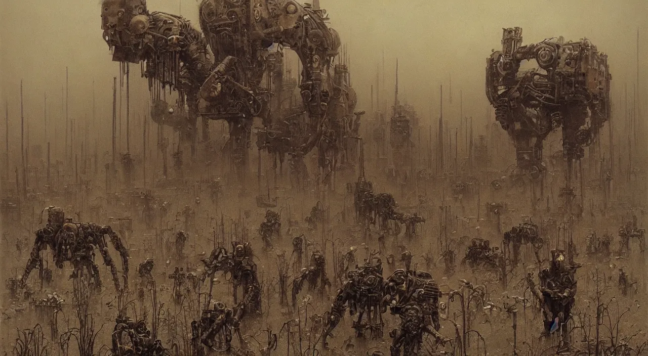 Prompt: dystopian steampunk robots harvesting humans, post apocalyptic, third reich vibes, by vladislav beksinski