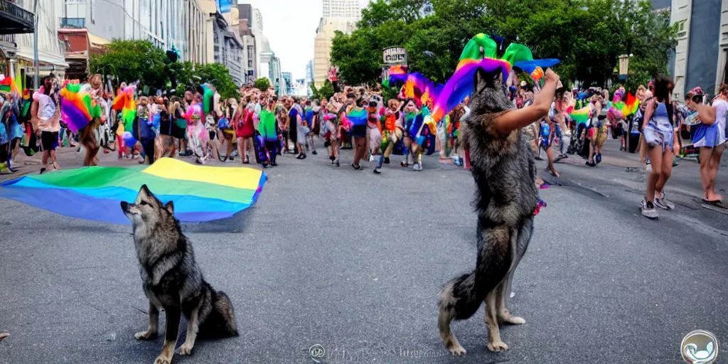 Prompt: a wolf furry on the streets of New Orleans, gay pride parade