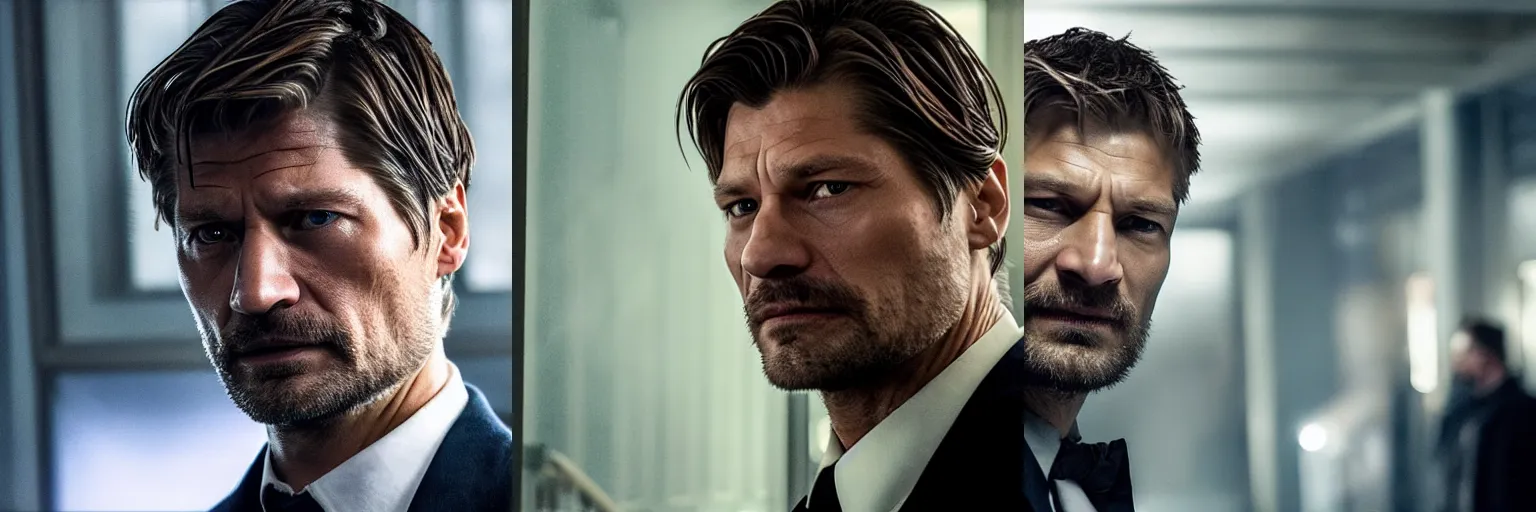 Prompt: close-up of Nikolaj Coster-Waldau as a detective in a movie directed by Christopher Nolan, movie still frame, promotional image, imax 70 mm footage