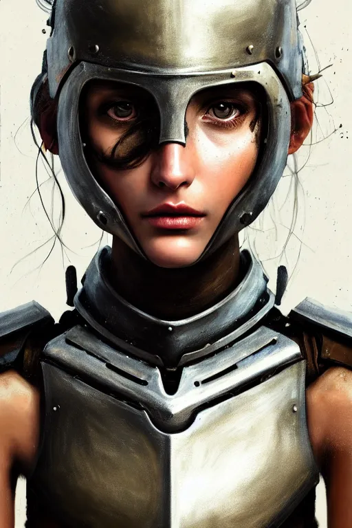 Prompt: a photorealistic painting of an attractive young girl, partially clothed in dirty metal-plated battle armor, dirty olive skin, long dark hair, beautiful bone structure, perfectly symmetrical face, perfect eyes, intricate, elegant, digital painting, concept art, illustration, sharp focus, minimal artifacts, volumetric lighting, from Metal Gear, in the style of Greg Rutkowski, trending on Artstation, award winning