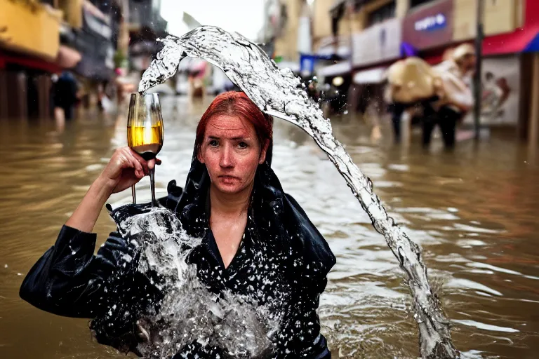 Prompt: closeup portrait of a woman carrying bottles of wine over her head in a flood in Rundle Mall in Adelaide in South Australia, photograph, natural light, sharp, detailed face, magazine, press, photo, Steve McCurry, David Lazar, Canon, Nikon, focus