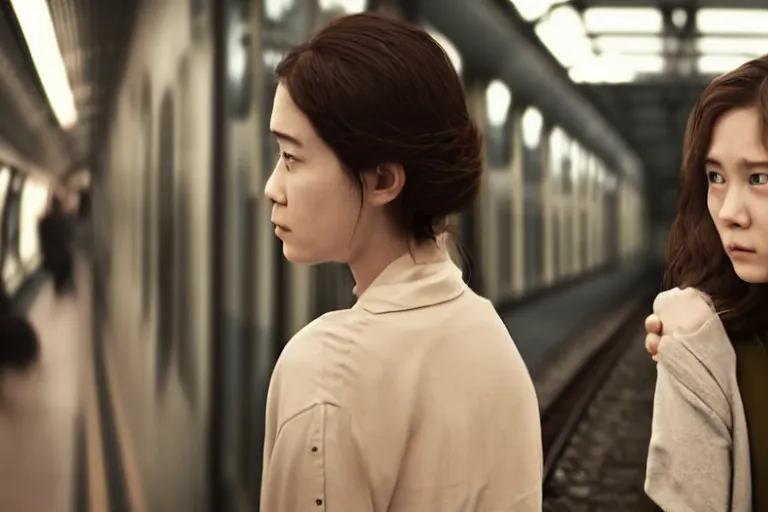 Image similar to vfx movie closeup couple in a train station flat color profile low - key lighting award winning photography arri alexa cinematography, beautiful natural skin, symmetrical face, atmospheric cool color - grade