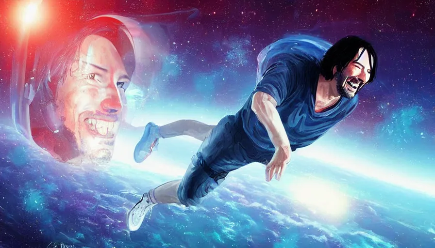 Prompt: a terrified looking Keanu reeves floating in space with a big smile, digital art, artstation, artgem