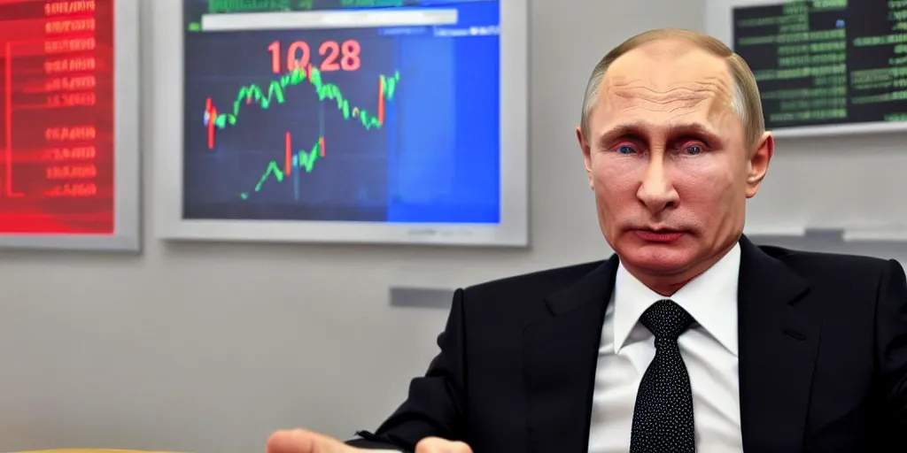 Image similar to vladimir putin reaction to losing money on stocks, red graph behind him, shocking, very detailed, realistic photography