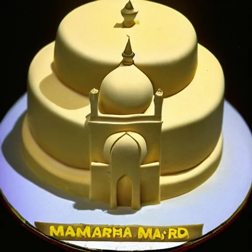 Prompt: Award winning photo 35mm of a cake that is made of cheese in the shape of the taj mahal